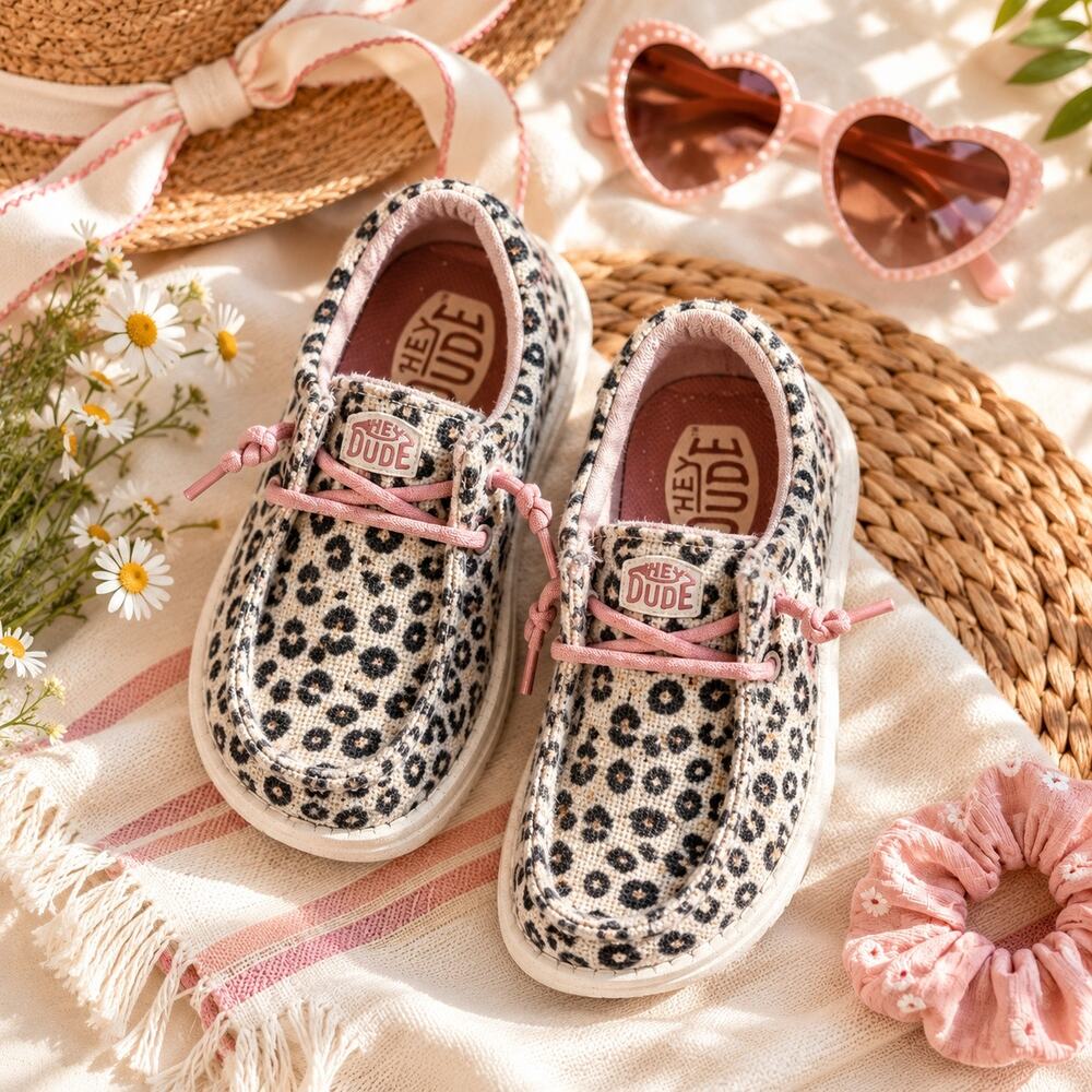 Hey Dude Wendy Youth TD13 Leopard Print Slip-On Shoes Pink Laces